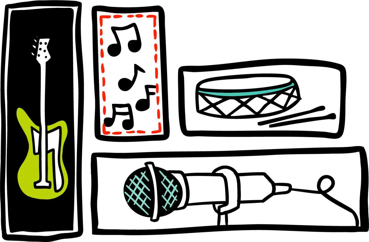 An illustration of a guitar, a microphone, a snare drum and some musical notes